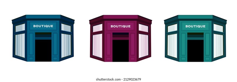 Set shop in different color. Shop building illustration blue. violet, green color. Boutique store facade