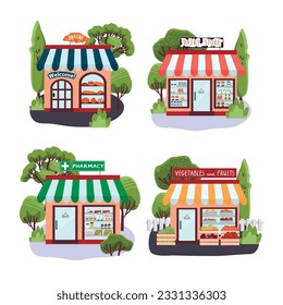 Set of shop facades with trees.Collection of color compositions isolated on white background.Dairy store,vegetable,bakery and pharmacy.Showcases with goods,canopies and signs.Vector flat illustration.