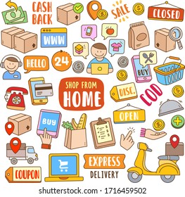 Set of shop from home vector cartoon illustration elements. Various objects of hand-drawn shop from home in doodle color.