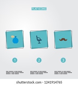 Set of shop icons flat style symbols with moustache, perfuming bottle, barbershop furniture and other icons for your web mobile app logo design.