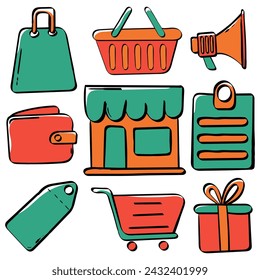 Set von Shop-Icons einfache bunte Hand gezeichnete niedliche flache Vektor-Illustrationen