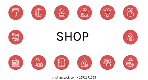 Set of shop icons. Such as Label, Long sleeve, Donut shop, Coffee shop, Dress, Shopping bag, Coffee machine, Gas station attendant, Drive thru, Shopping, Candy , icons