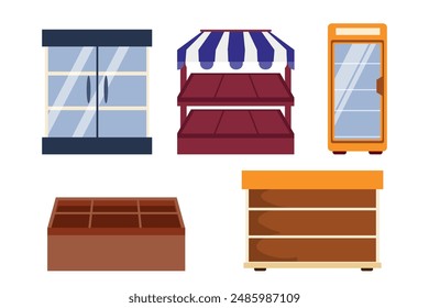 Set of shop interior elements in cartoon style. Vector illustration of empty shelves for products of different types: refrigerators, wooden counter with awning, beveled counter with compartments.