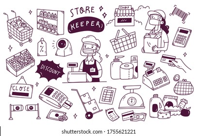 Set of shop keeper doodle in new normal condition