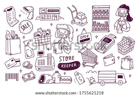 Set of shop keeper doodle in new normal condition