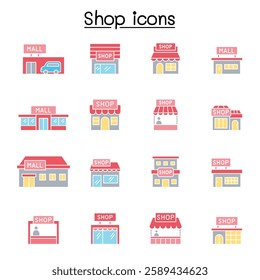 Set of shop line . contains such  as, supermarket, shopping mall, hypermarket, store and more.