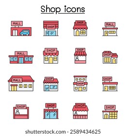 Set of shop line . contains such  as, supermarket, shopping mall, hypermarket, store and more.