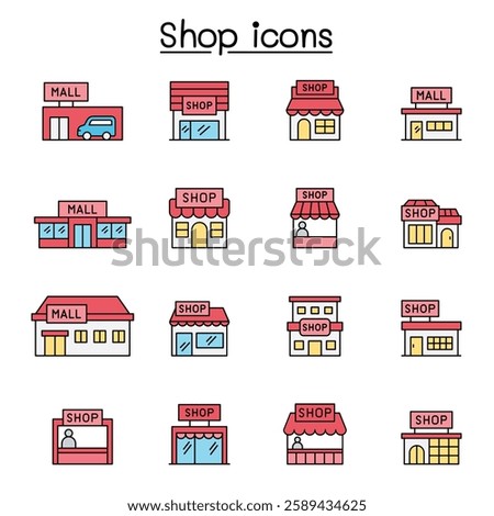 Set of shop line . contains such  as, supermarket, shopping mall, hypermarket, store and more.