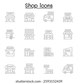 Set of shop line icon. contains such icon as, supermarket, shopping mall, hypermarket, store and more.