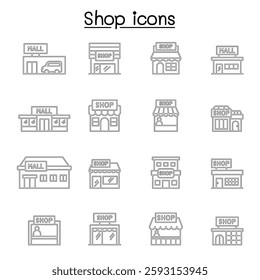 Set of shop line icon. contains such icon as, supermarket, shopping mall, hypermarket, store and more.