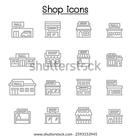 Set of shop line icon. contains such icon as, supermarket, shopping mall, hypermarket, store and more.