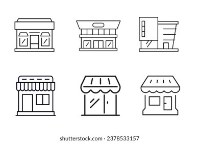 Set von Shop-Line-Symbolen. enthält Symbole wie Supermarkt, Einkaufszentrum, Supermarkt und Geschäft. Vektorgrafik. Unternehmenswachstum