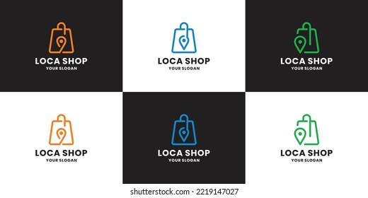 conjunto de diseño del logotipo de la ubicación de la tienda tienda tienda online moderna. bolsa combinada con mapas de pin