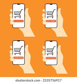 Set of shop now buttons with cart icon. Buy now button for online shop. Call for action buttons. Modern colorful buttons for website design. Flat vector illustration.