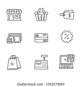 Set of shop related icon with outline style. Set of shopping vector illustration with simple line design 