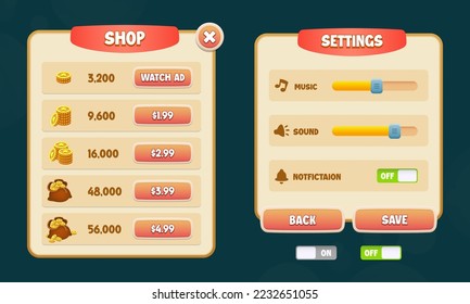 Set of Shop and Settings popup with editable text effect and on and off toggle buttons for game ui. Game asset ui design in cartoon style. All files are grouped and well organised.