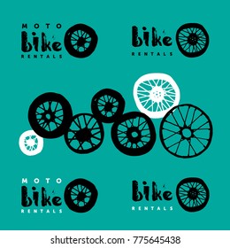Set of shop signs with a hand drawn wheels and lettering for bike or motobike rental