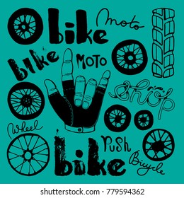 Set of shop signs with a hand drawn wheels, hand, tire, labels and lettering for bike or motobike rental or shop