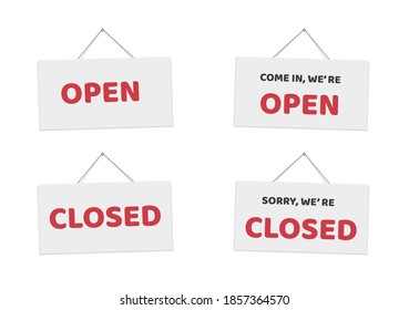 A set of shop signs with inscriptions in English, sorry we are closed, come in, we are open. A white paper sign hangs on a rope from a nail. Vector realistic illustration, simple design, isolated.