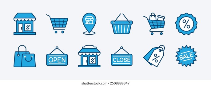 Set von Shop- oder Shop-Icon. Enthaltene Tasche und Warenkorb, Korb, Karte Pin Lage, Rabatt, Öffnen und Schließen Zeichen, Verkauf, Preisschild, Lebensmittelgeschäft, Markt, Förderung, Supermarkt. Vektorgrafik