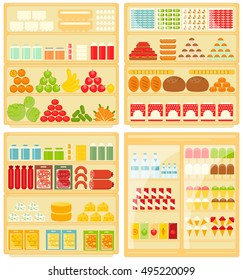 Set of Shop and Supermarket Shelves with Products. Vector Illustration.