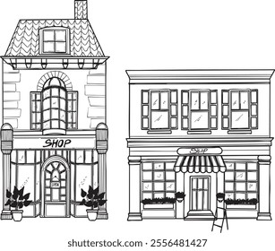 Set shop vector black lines building old architecture building