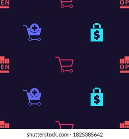 Set Shoping bag and dollar, Add to Shopping cart, and building open on seamless pattern. Vector.