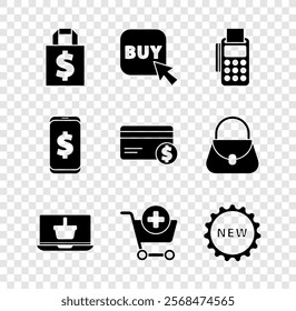 Set Shoping bag and dollar, Buy button, POS terminal with credit card, Shopping basket laptop, Add cart, Price tag text New, Smartphone and Credit icon. Vector