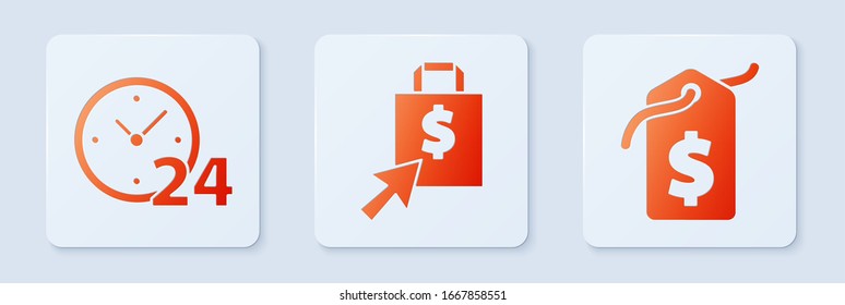 Set Shoping-Tasche und Dollar, Uhren 24 Stunden und Preis-Tag mit Dollar. Weißer Quadrat-Knopf. Vektorillustration