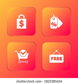 Set Shoping bag and dollar, Discount percent tag, Shopping cart with check mark and Price text Free icon. Vector.