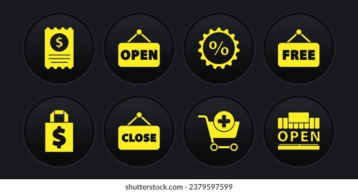 Set Shoping bag and dollar, Price tag with text Free, Hanging sign Closed, Add to Shopping cart, Discount percent, Open, building open and Paper check financial check icon. Vector