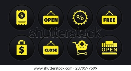 Set Shoping bag and dollar, Price tag with text Free, Hanging sign Closed, Add to Shopping cart, Discount percent, Open, building open and Paper check financial check icon. Vector