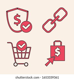 Establecer bolsa de compras y dólares, Escudo con dólar, Enlace de cadena y carro de compras con icono de marca de verificación. Vector