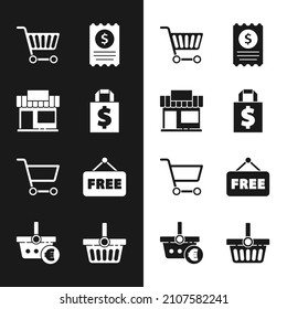 Set Shoping bag and dollar, Shopping building or market store, cart, Paper check financial check, Price tag with text Free, basket and euro icon. Vector