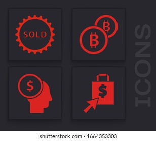 Set Shoping bag and dollar, Sold label, Cryptocurrency coin Bitcoin and Business man planning mind icon. Vector