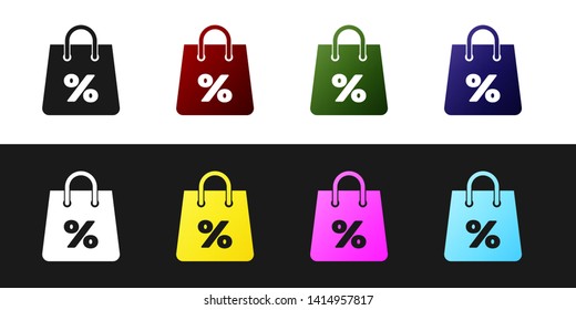Set Shoping bag with an inscription percent discount icon isolated on black and white background. Handbag sign. Woman bag icon. Female handbag sign. Vector Illustration