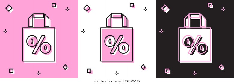 Set Shoping bag with an inscription percent discount icon isolated on pink and white, black background. Handbag sign. Vector Illustration