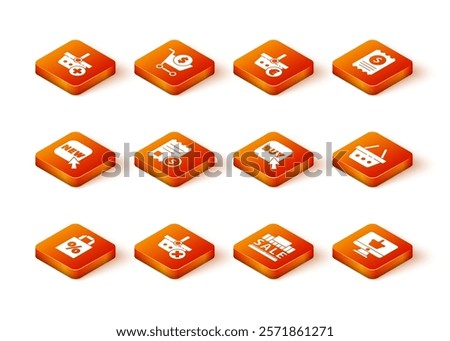 Set Shoping bag with percent discount, Remove shopping basket, Button text New, Paper check and financial check, Shopping building sale, Buy button, Monitor and  icon. Vector