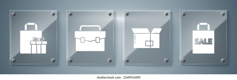 Set Shoping bag with Sale, Carton cardboard box, Briefcase and Gift box. Square glass panels. Vector