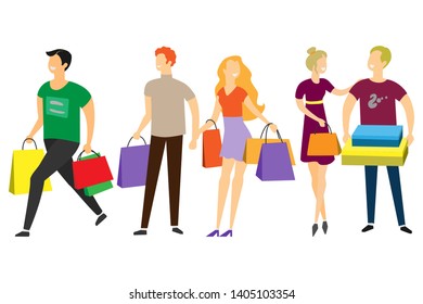 Set of shoppers in line. Men and women holding shopping bags and boxes. Shopping concept. Vector illustration can be used for topics like hot sale or special offer