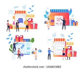 Set of shoppers making purchases. Crowd of people doing shopping on sales day. Vector illustration for leaflet, promo, advertisement