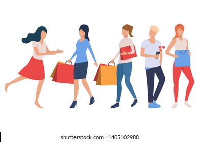 Set of shoppers. Women holding shopping bags, man using phone. Shopping concept. Vector illustration can be used for topics like sale or special offer