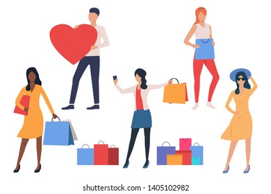 Set of shoppers. Young man and women holding shopping bags and red heart. People concept. Vector illustration can be used for topics like purchases, store, positive review
