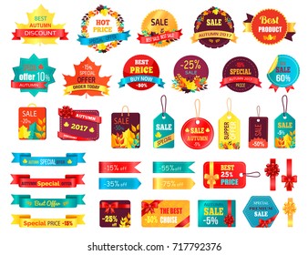 Set of shopping autumn stickers, best price and sale written in frames or in ribbons, variants of design on vector illustration isolated on white