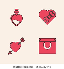 Set Shopping bag, Bottle with love potion, Candy heart shaped box and Amour arrow icon. Vector