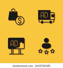 Set shopping bag and dollar, Consumer product rating, Advertising and truck icon with long shadow. Vector