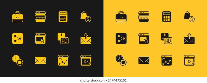 Set shopping bag and dollar, Mail e-mail, Advertising, Market analysis, Calculator, Briefcase and Browser window icon. Vector