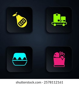 Set Shopping bag and food, Healthy organic pear, Chicken egg box and Hand truck boxes. Black square button. Vector
