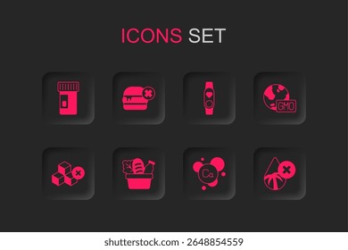 Set Shopping bag and food, No burger, Vitamins, Calcium, GMO, Palm oil free, Smart watch with heart and sugar icon. Vector