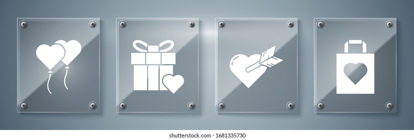 Set Shopping bag with heart, Amour with heart and arrow, Gift box and heart and Balloons in form of heart. Square glass panels. Vector
